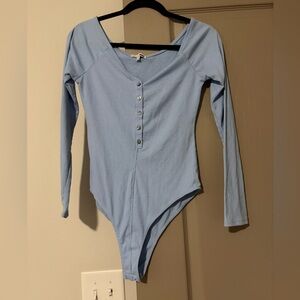 Fashion Nova Light Blue Ribbed Long Sleeve Bodysuit